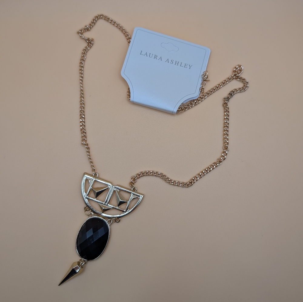 LAURA ASHLEY Goldtone Necklace w/ Black Faceted Stone NWT